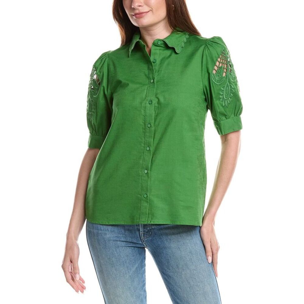 T Tahari Womens Embroidered Sleeve Linen-Blend Blouse, Green